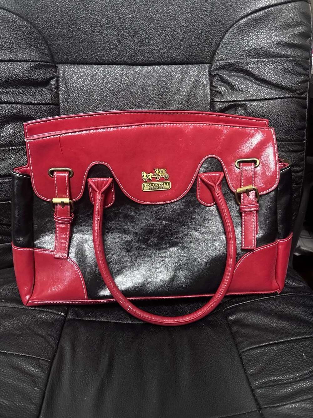 Coach Satchel Handbag Red Black Faux Leather Top Handle Bag